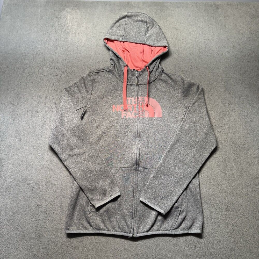 The North Face Womens Large Full Zip Hoodie Gray Pink Logo Athletic Outdoor
